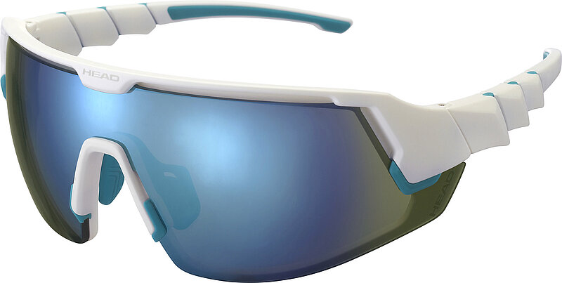 White sport sunglasses with mirror lenses.