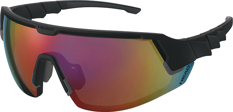 Black sport sunglasses with multicolour mirror lens.